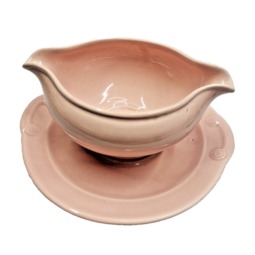 Vintage Taylor Smith Sharon Pink Pastel LuRay USA Gravy Boat with Attached Plate